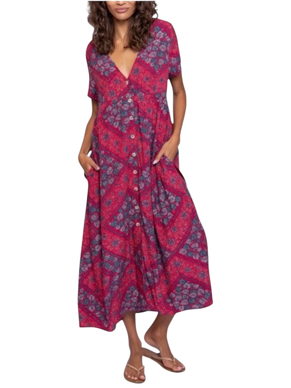 Natural Life Red Boho Midi Dress Small Relaxed Button Front Pockets NWT Summer